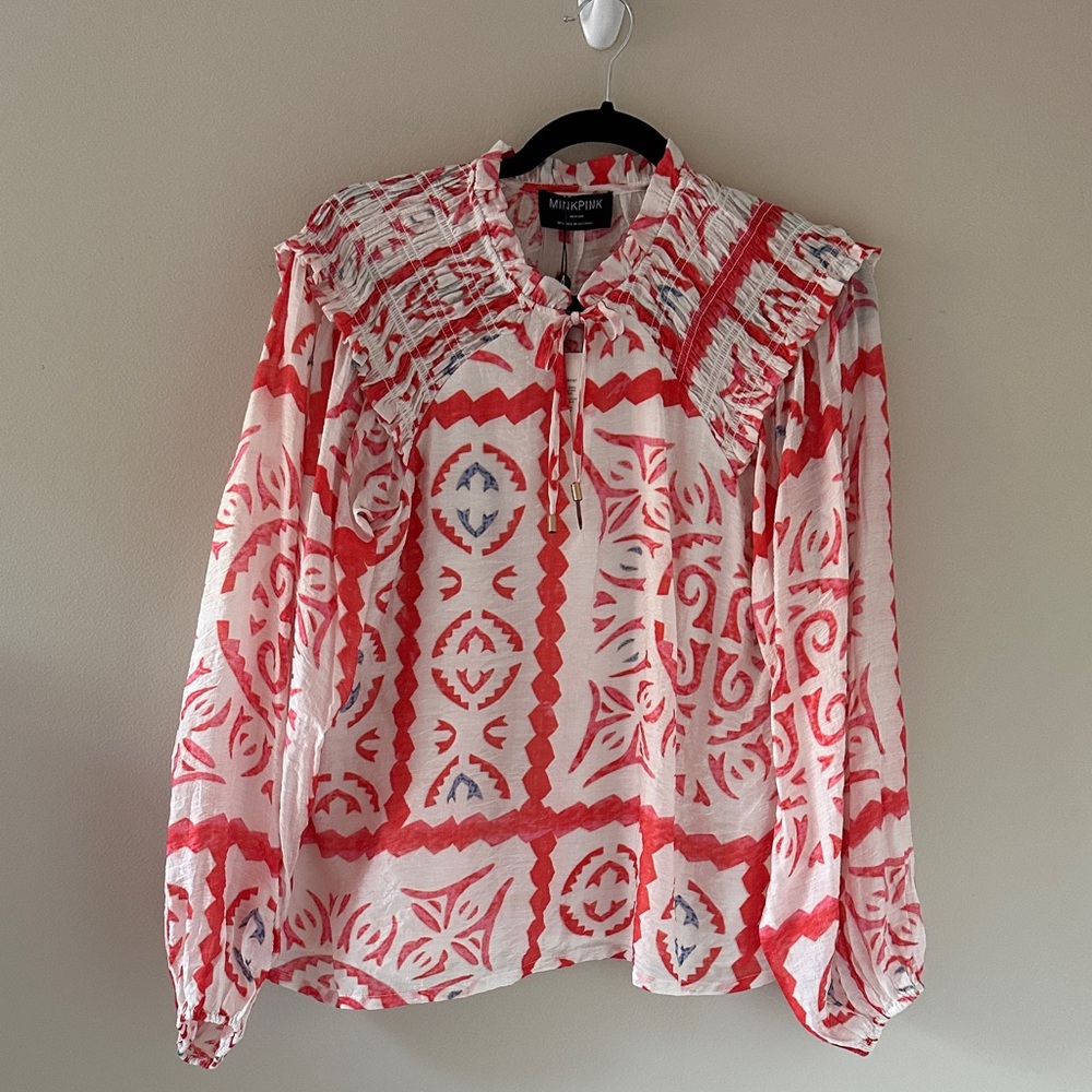 MINKPINK NWT Lolani Smocked Long Sleeve Blouse Size Medium - Picture 5 of 14